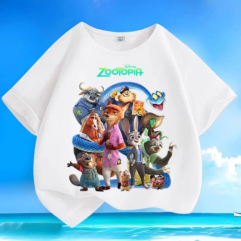 T-shirt per Bambini con Stampa Cartoon Zootopia, Nuova Collezione Estate 2026, in Cotone Versatile, Manica Corta per Genitore e Figlio