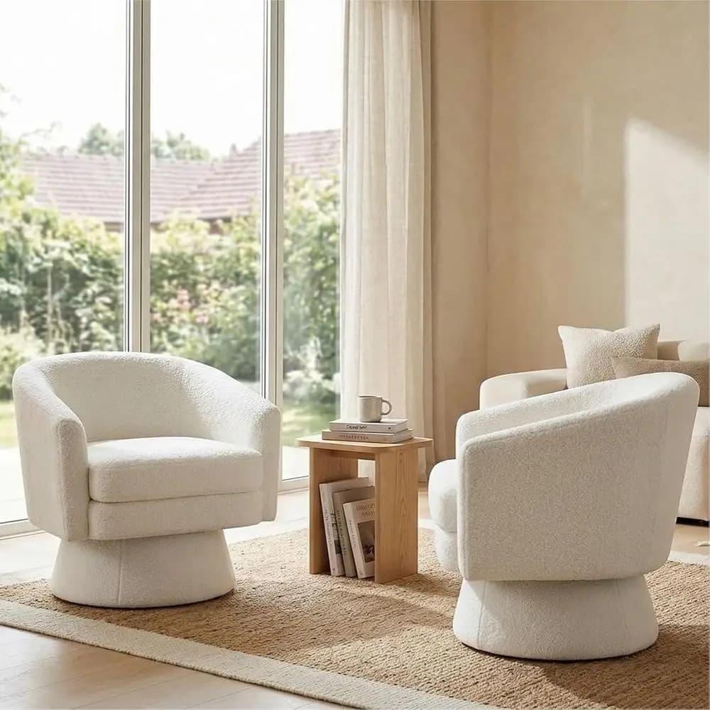 Swivel Accent Chairs Set of 2, White Upholstered Barrel Chairs with Cozy Back Support, Ideal for Vanity, Lounge, Club, and Livin