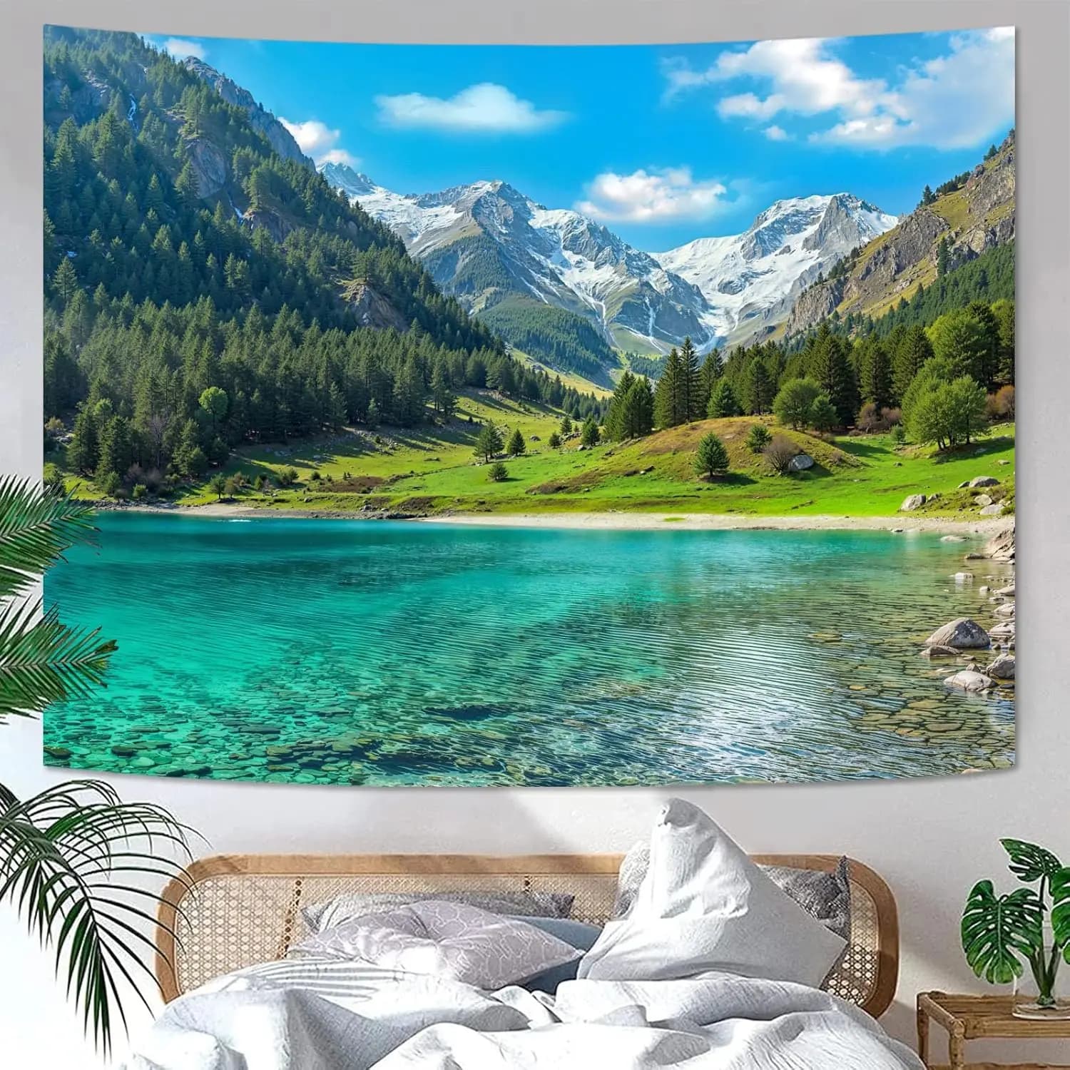 Nature Forest Mountain Tapestry Lush Green Pine Tree Lake Tapestry for Bedroom Aesthetic Meadow Mountain Landscape Small