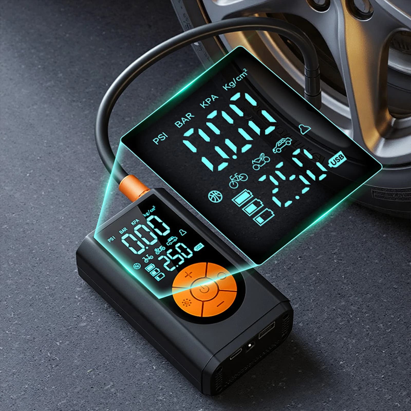 Compressore d'aria portatile per gonfiaggio pneumatici, 150 PSI, mini pompa senza fili per auto, moto, biciclette, palloni e altro ancora