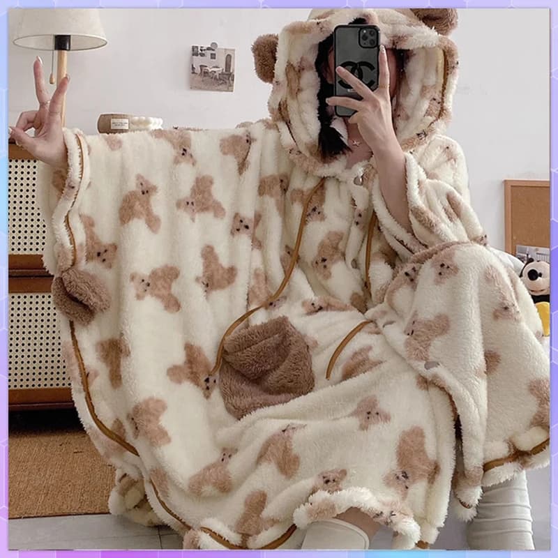 Women's winter pyjamas with hood female bathrobe thickened in coral fleece cute printed long night dress soft Homewear