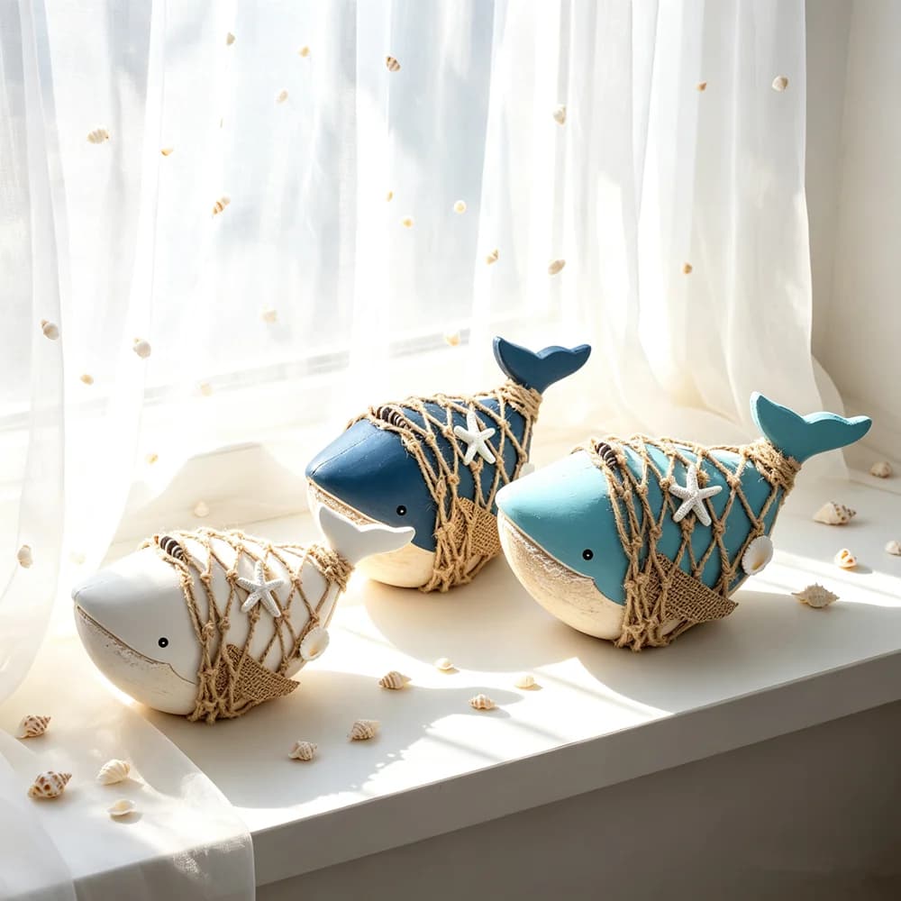 Mediterranean Wooden Whale Ornament Nautical Rope Net Decor Marine Style Theme Gift Figurine Home Table Decoration Gift