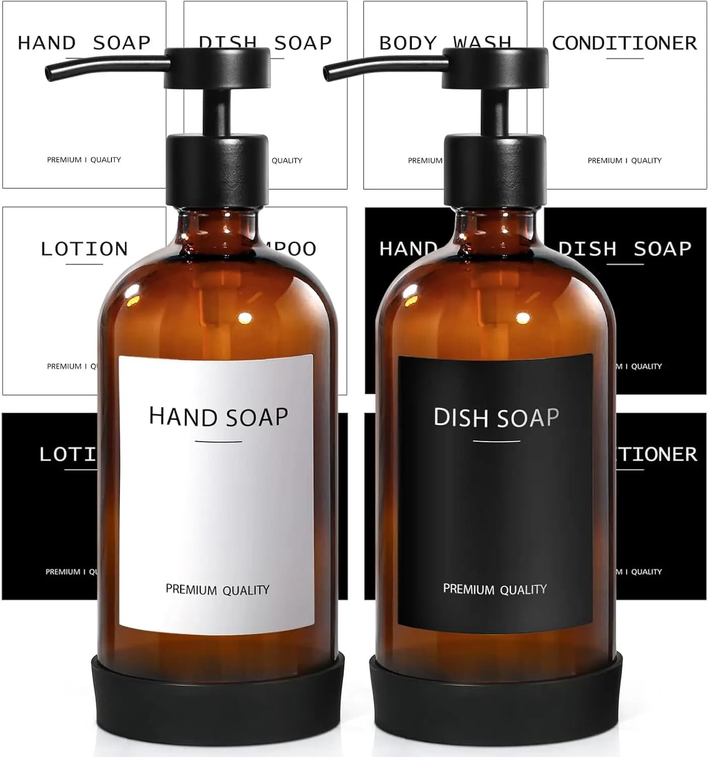 Dispenser di Sapone in Vetro Ambrato, Set da 2, 500ml con Pompa in Acciaio Inox, Bottiglia Marrone Moderna per Cucina e Bagno