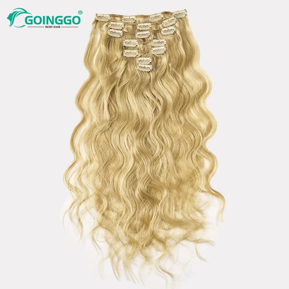 P18/60 Clip In Hair Extensions Human Hair Wet&Wavy 7Pcs 120G Highlight Medium Brown Platinum Blonde Remy Hair Clip Ins Extension