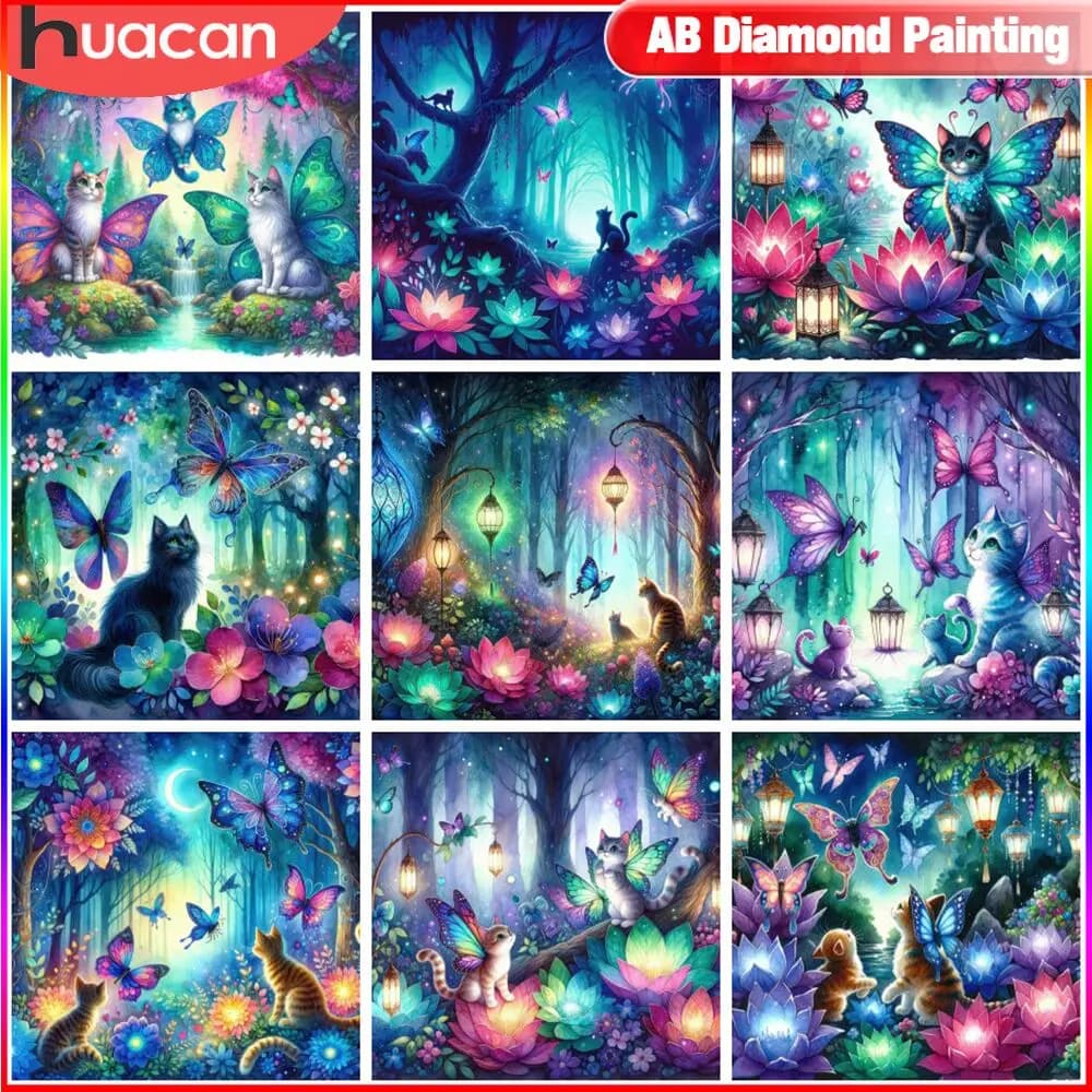 HUACAN Diamond Painting Fantasy Forest Landscape Full Square Round Drill Mosaic Cat Butterfly Flower Paintings per interni