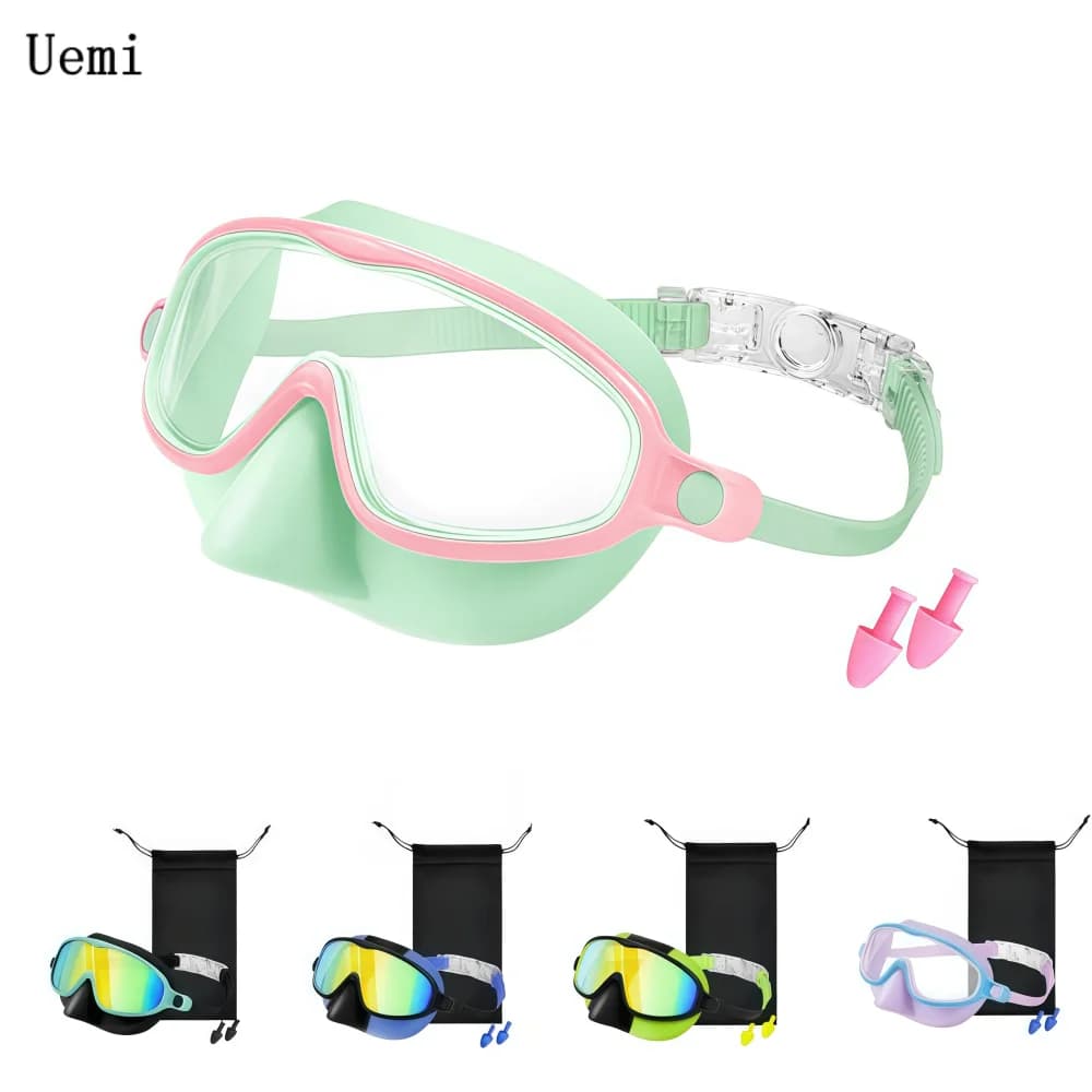 Kids Silicone Nose Cover Swim Goggles Wide View Anti-Fog UV400 Diving Glasses No Leak Pool Swimming Eyewear for Toddlers 3-12