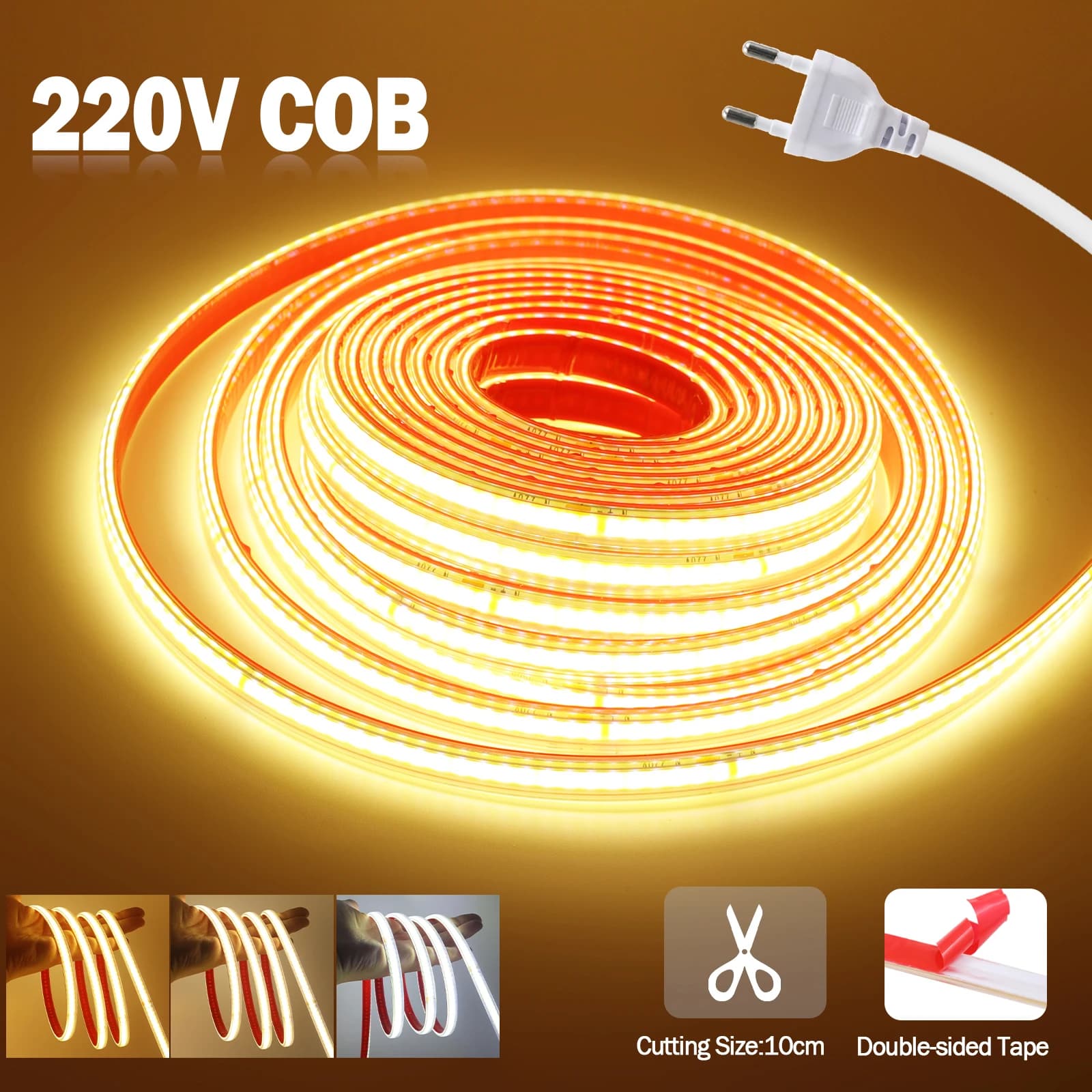 AC 220V COB Striscia IP65 Impermeabile 10CM Taglio 240Led/M 3000K 4000K 6000K Decorazioni per la casa Nastro flessibile Corda LED Luce