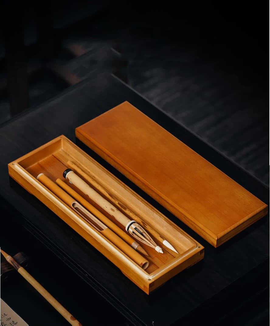 Camphor Wood Brush & Seal Storage Box - Calligraphy Study Set Solid Wood Stationery Case, Desk Art Organizer