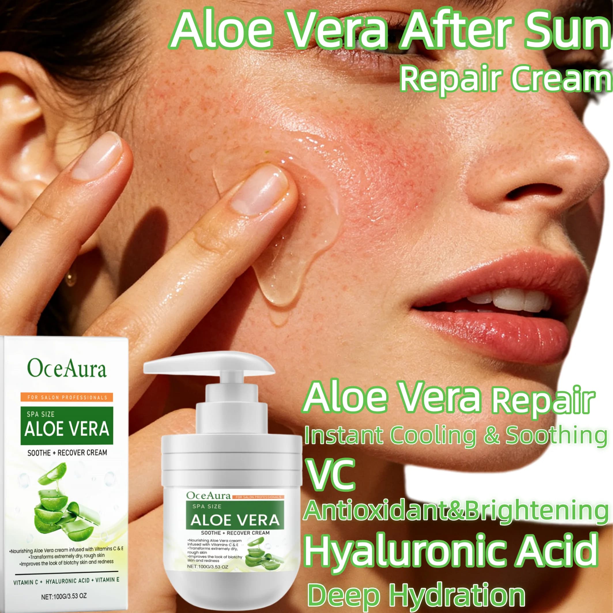 Aloe Vera After Sun Repair Cream,Triple Threat Damage Control,Instant Cooling&Redness Banisher,Cell Plumping&Rehydration,Anti Sun Spot&Brightening Power,Flawless Tan Extender,Collagen Recovery Booster,Ultra Lightweight Hydro Gel Texture,Vegan&Cruelty Free