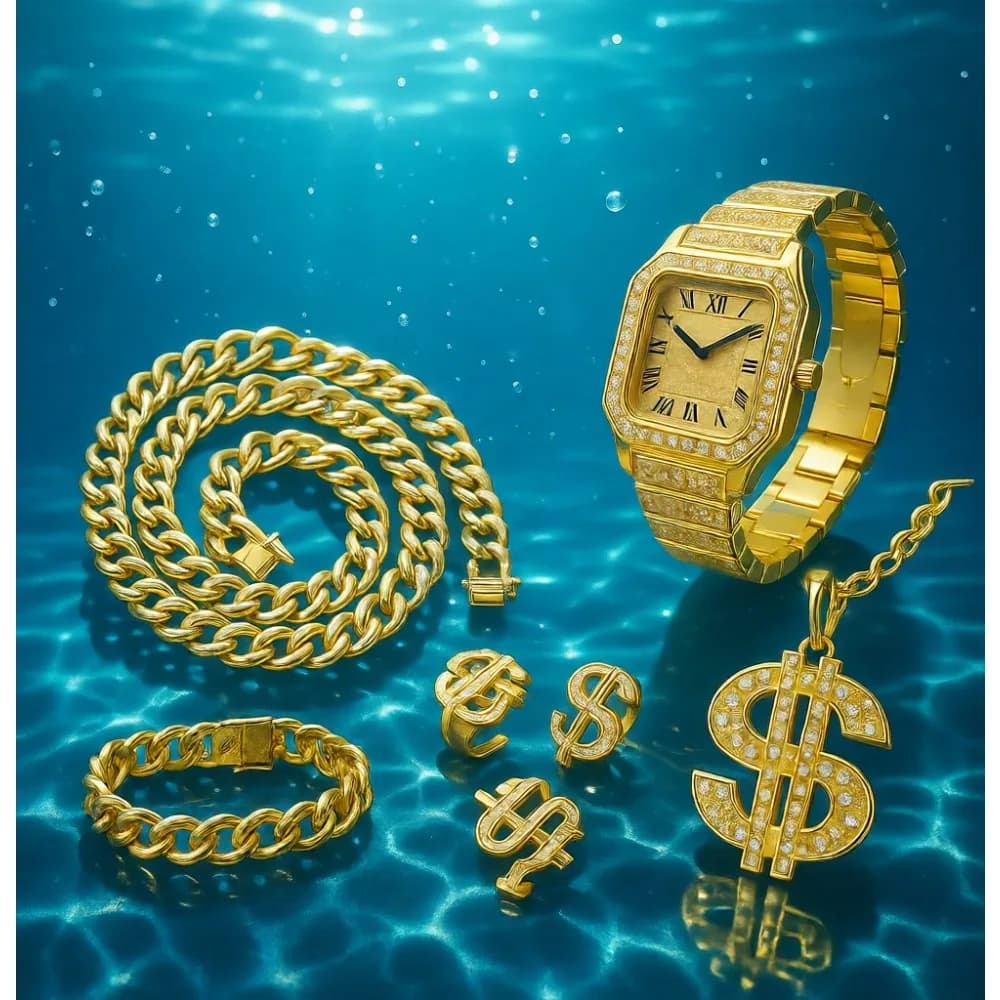 Hip Hop Jewelry Set of 8 Pieces: Necklace with Dollar Pendant, Bracelet, Watch, Sunglasses, Rings - Style 80's and 90's, Gold for Men