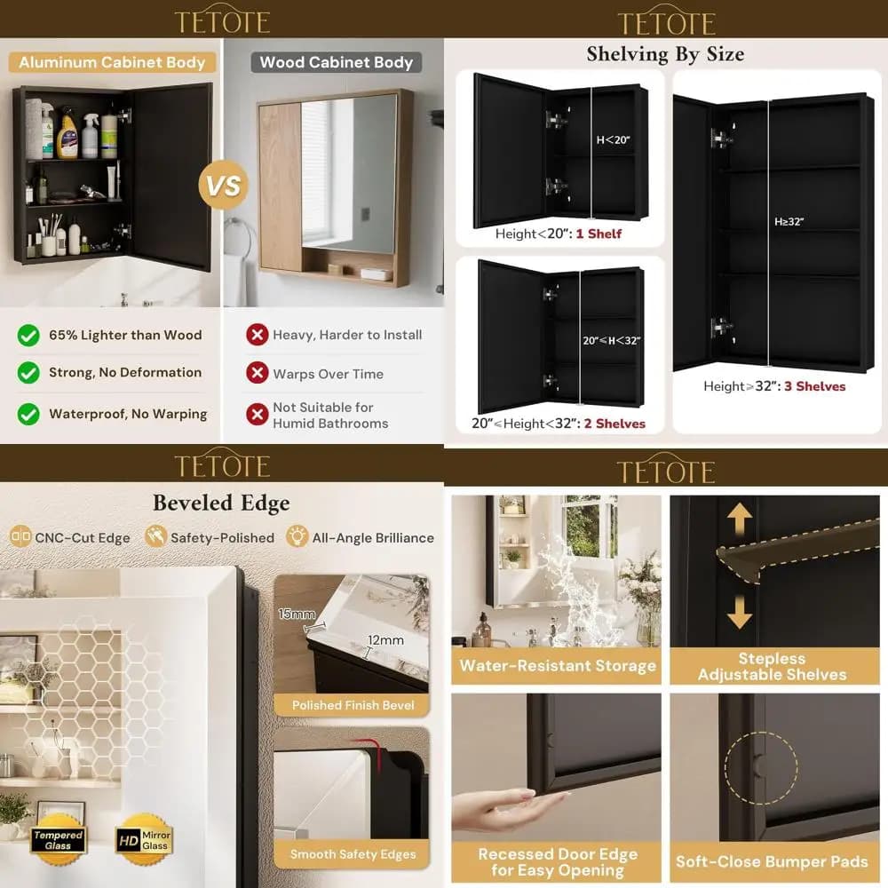 Armadietto da bagno nero con specchio bisellato in vetro temperato 15 x 26 con ripiani regolabili e cerniere DTC