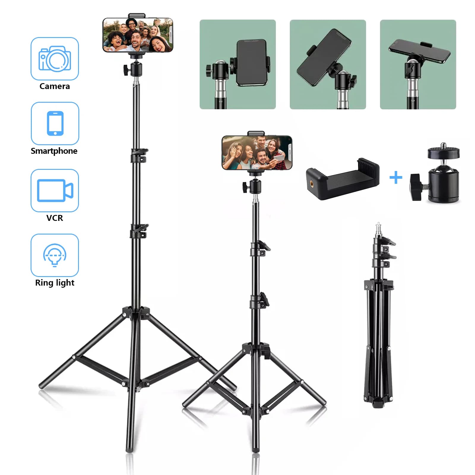 Treppiede per selfie fotografico con treppiede per supporto per luce regolabile con testa a vite da 1/4 per trasmissione in diretta in studio fotografico con luce ad anello per telefono