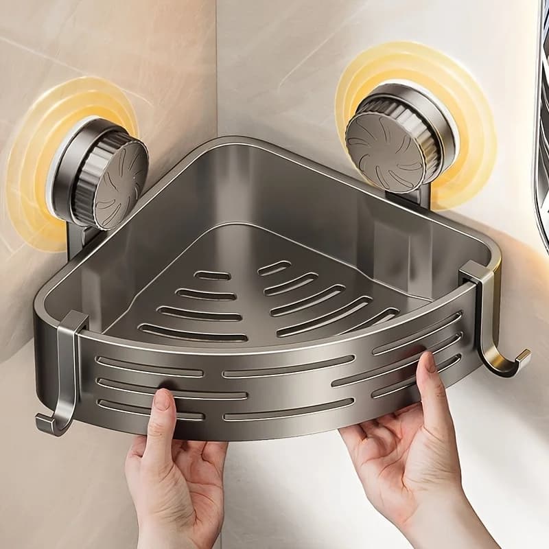 Space Saving Suction Cup Bathroom Corner Shelf No Drill Strong Triangular Organizer with Hooks for Shower Wall Tile Storage