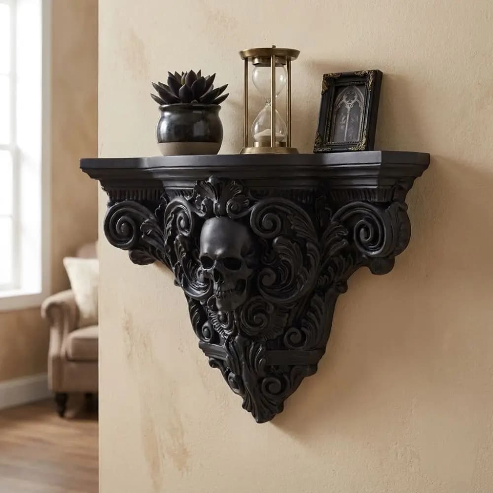 Vintage Style Halloween Skull Wall Mount Shelf 3D Printing Plastic Halloween Display Stand Artistic Gothic