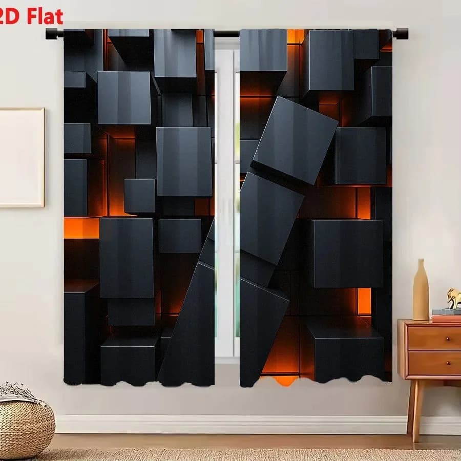 2Pcs Curtains 2D Flat Abstract Matte Black Cubes With Glowing Orange Light And Diagonal Stack Window Drapes for Bedroom Room Dec