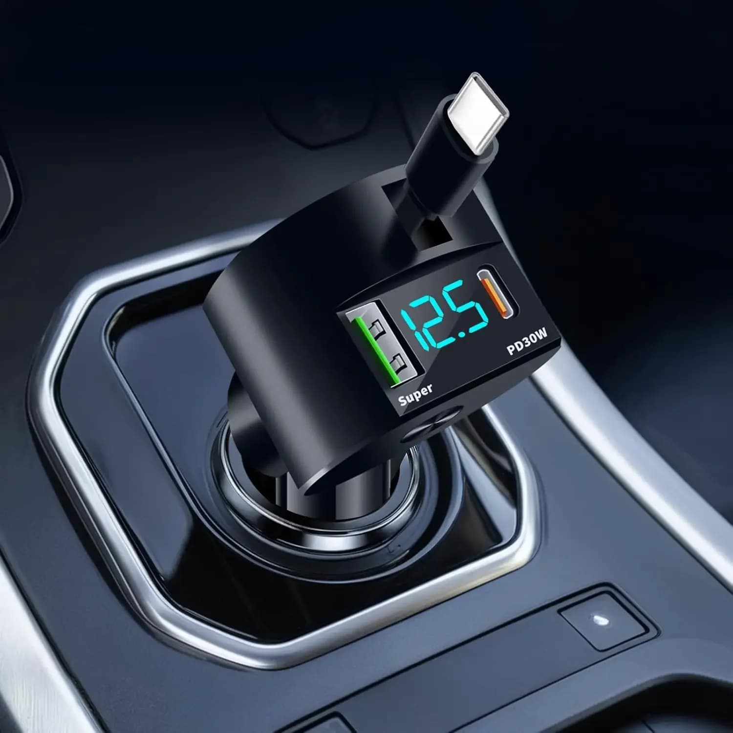 Caricabatteria da auto retrattile aggiornato 3 in 1, ricarica rapida da 69 W PD30W+2.4A Display di tensione Doppi cavi per iPhone e Android