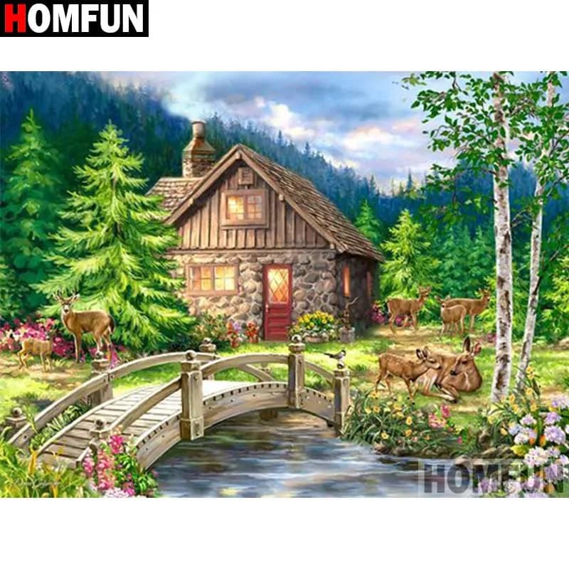 HOMFUN Full Square/Round Drill 5D DIY Diamond Painting "House forest bridge" Embroidery Cross Stitch 5D Home Decor Gift A30129