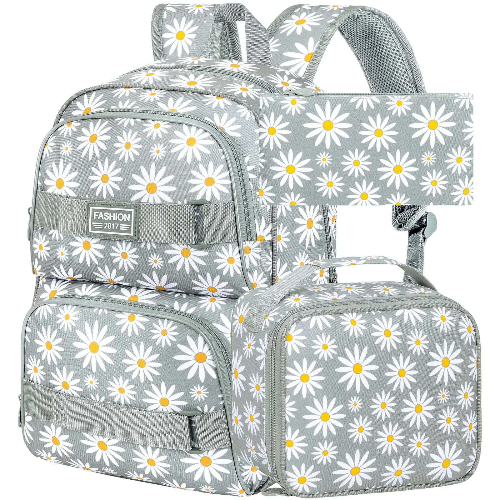 Zaino per ragazze Daisy da 3 pezzi, zaino per scuola per laptop da 17 pollici Zaini per bambini resistenti all'acqua per college per adolescenti con set di scatole per il pranzo - Grigio