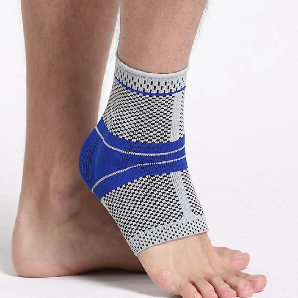 Supporto per caviglia sportivo, 1 pezzo, design in maglia, impugnatura in silicone, rinforzato, per basket, tennis, yoga, corsa, golf, grigio, blu