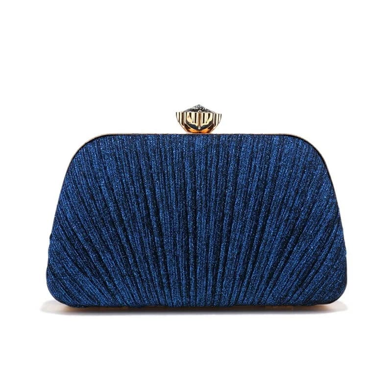 Navy Blue Glitter Pleated Evening Clutch for Wedding Prom Banquet Hardcase Handbag Rhinestone Lock Purse with Detachable Chain