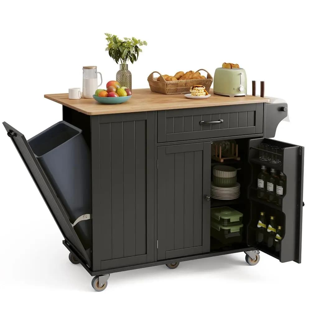 Isola da cucina con contenitore, 44.49, con spazio per bidone della spazzatura, piano in legno di gomma con apertura a scomparsa, portacoltelli, ripiano regolabile, due maniglie