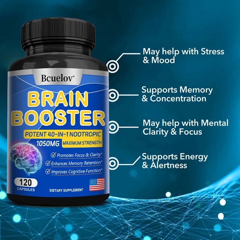 Nutritional Capsules for Brain - Food Supplement, 40-in-1 Powerful Formula, Vegan, GMO-free, Supports Cerebral Concentration and Health