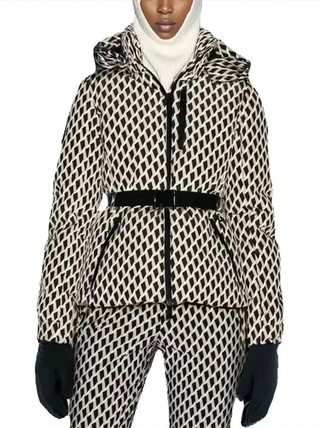 Moda donna inverno con cappuccio a vita alta imbottito cappotti sportivi cintura Parka femminile elegante spessa tasca calda giacche da sci antivento