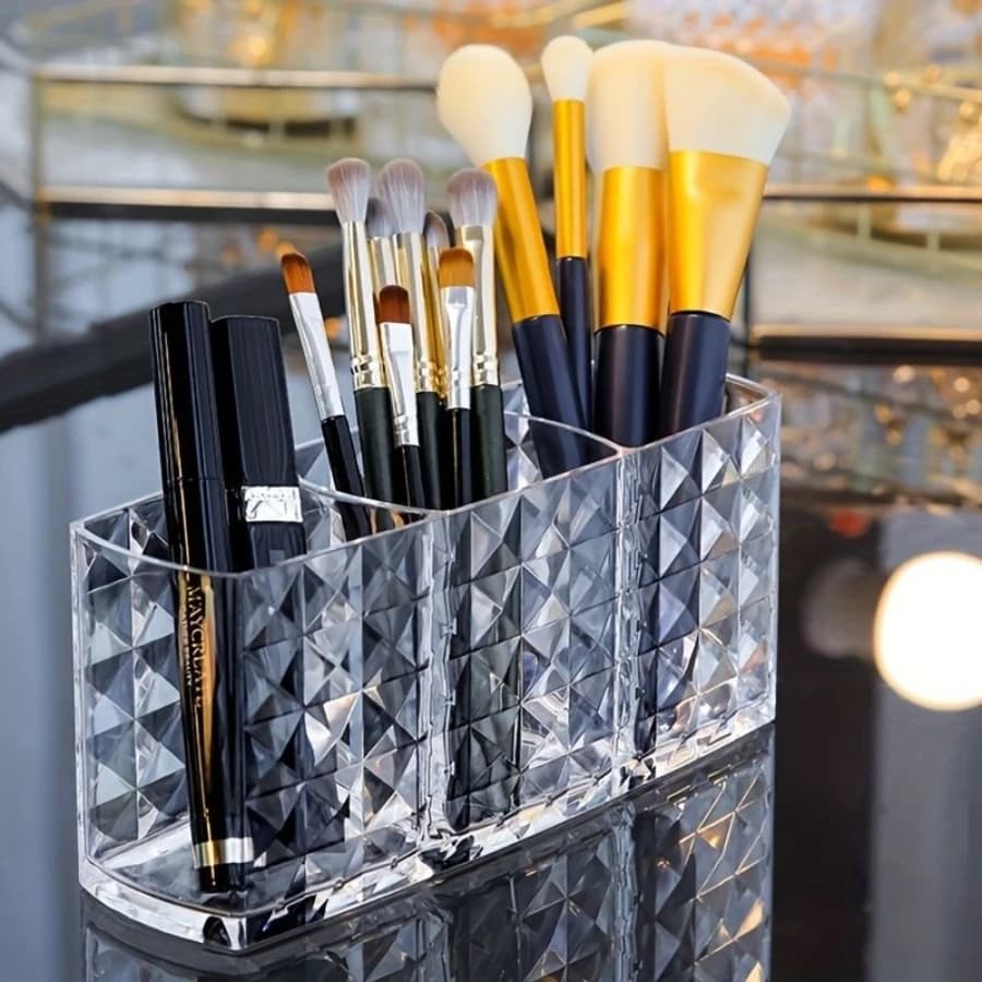 Transparent Makeup Brush Storage Box, Large Capacity Cosmetic Organizer, Desktop Dressing Table Partition Storage Rack