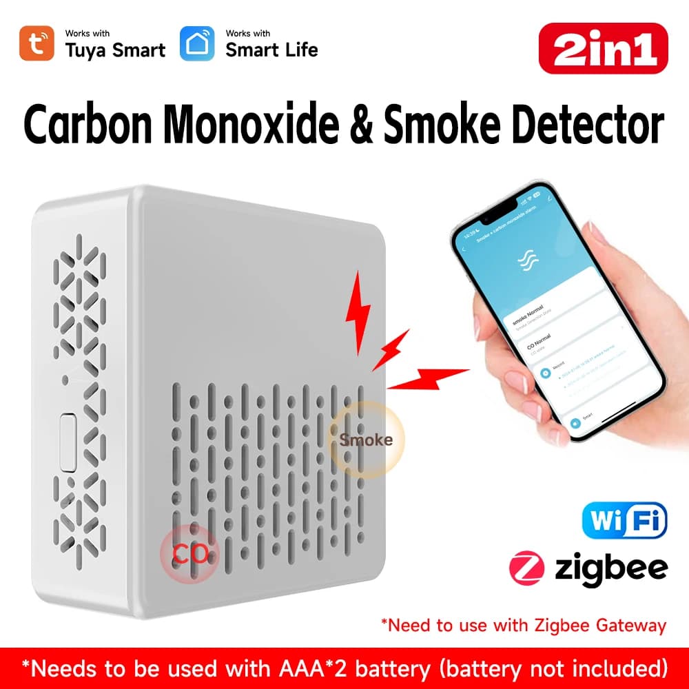 Tuya WIFI/Zigbee Carbon Monoxide Smoke Detector Smart Co & Smoke Sensor Smoke Fire Alarm Smart Life APP Control