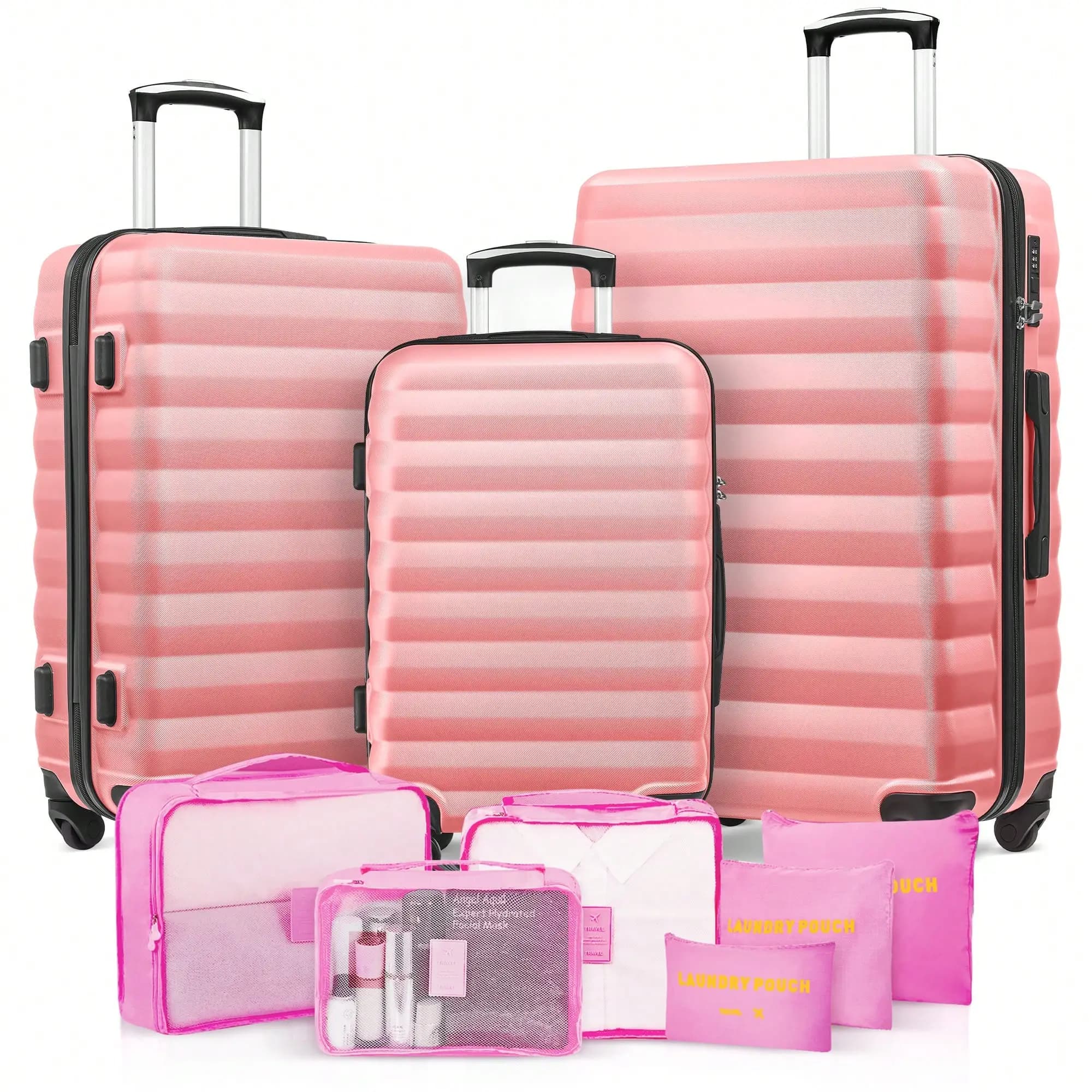 3 Piece Luggage Set With 6 Packing Bags, ABS Durable Suitcase With Spinner Wheels, Travel Luggage Set For Women (20/24/28 Inch) ,Perfect For Vacation.
