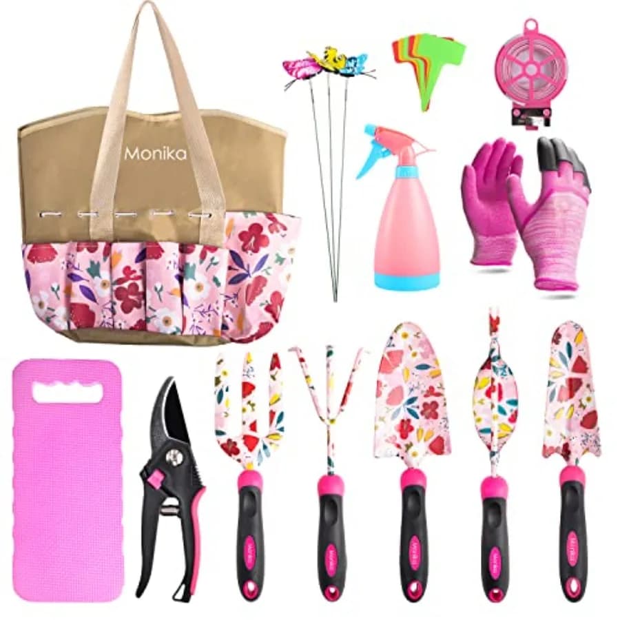 Set di 20 Attrezzi da Giardinaggio per Donne, in Acciaio Inossidabile Resistente alla Ruggine, con Borsa Rosa Floreale, Include Paletta e Trapiantatore