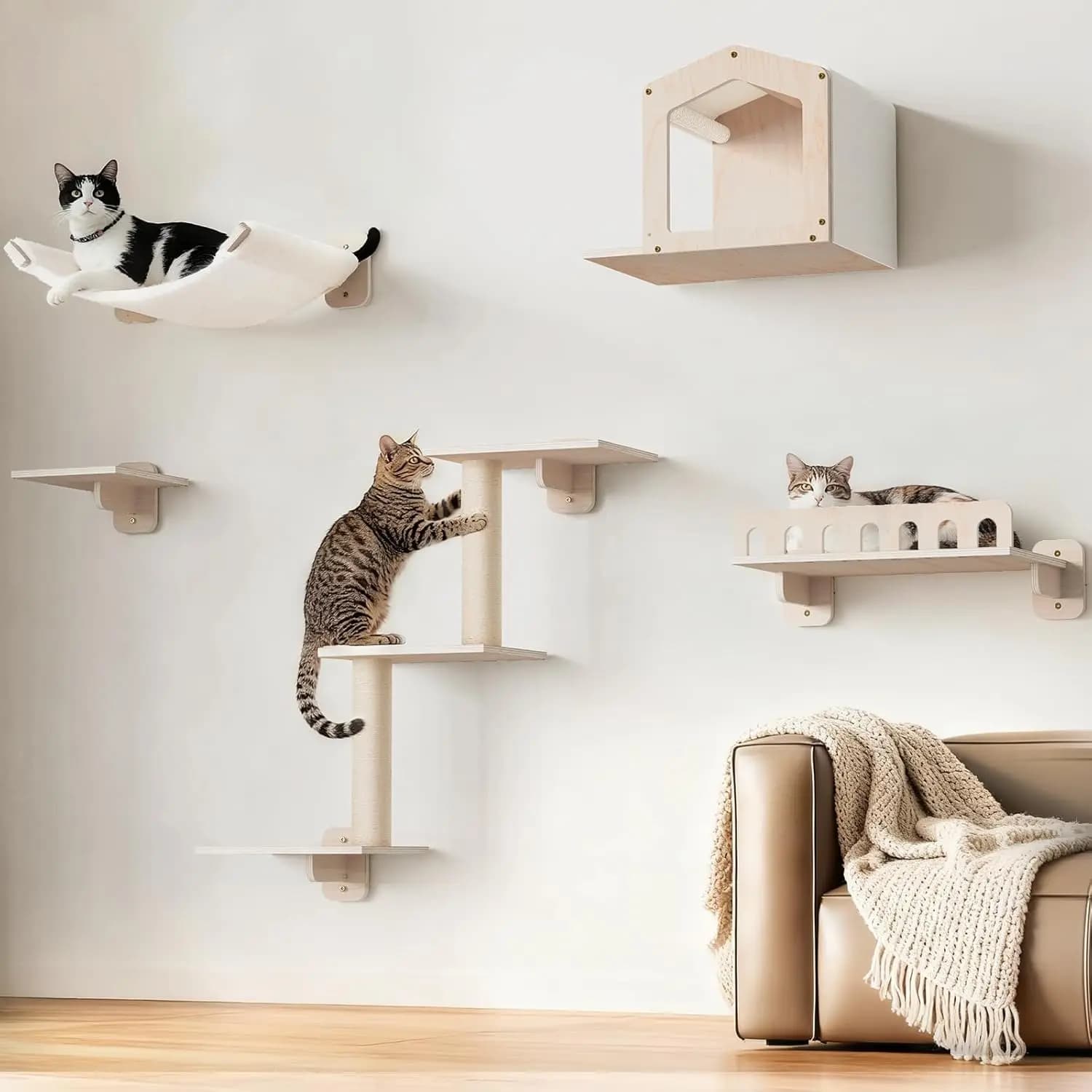 Mensole da Parete 5-in-1 per Gatti con Amaca e Posatoio, Mobili in Legno per Arrampicata per Gatti di Taglia Grande da Interno