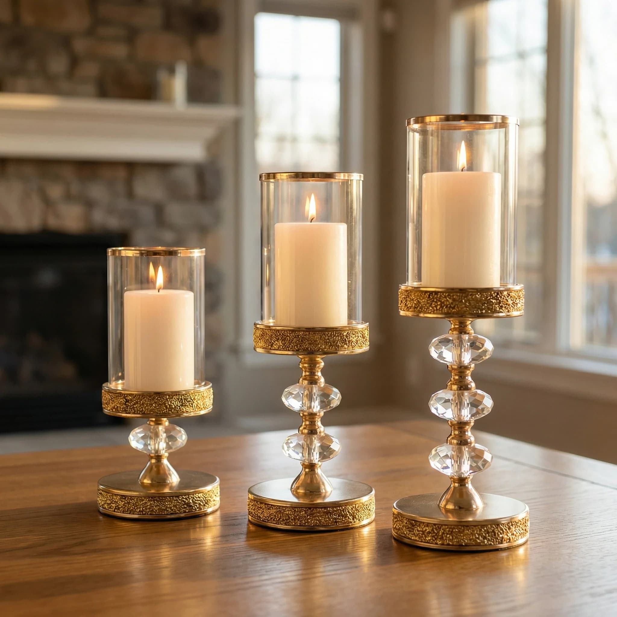 Set di Portacandele a Colonna in Cristallo di Lusso, Lanterna Hurricane Oro e Argento con Paralume in Vetro per Matrimoni Romantici, Feste e Decorazioni per la Casa