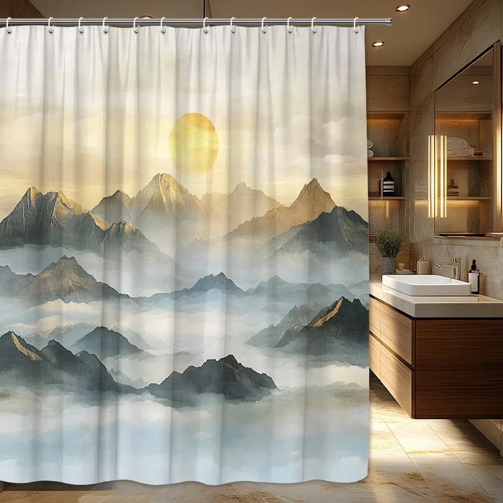 Tenda da doccia Serene Mountain da 1 pezzo: alba nebbiosa, picchetti e nebbia con cappuccio di neve, poliestere, arredamento per il bagno