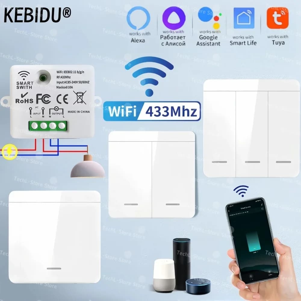 KEBIDU Tuya Smart WiFi Switch 433Mhz Telecomando RF 86 Interruttore da pannello a parete Mini ricevitore relè 220V per la casa Lampada a luce LED Ventola