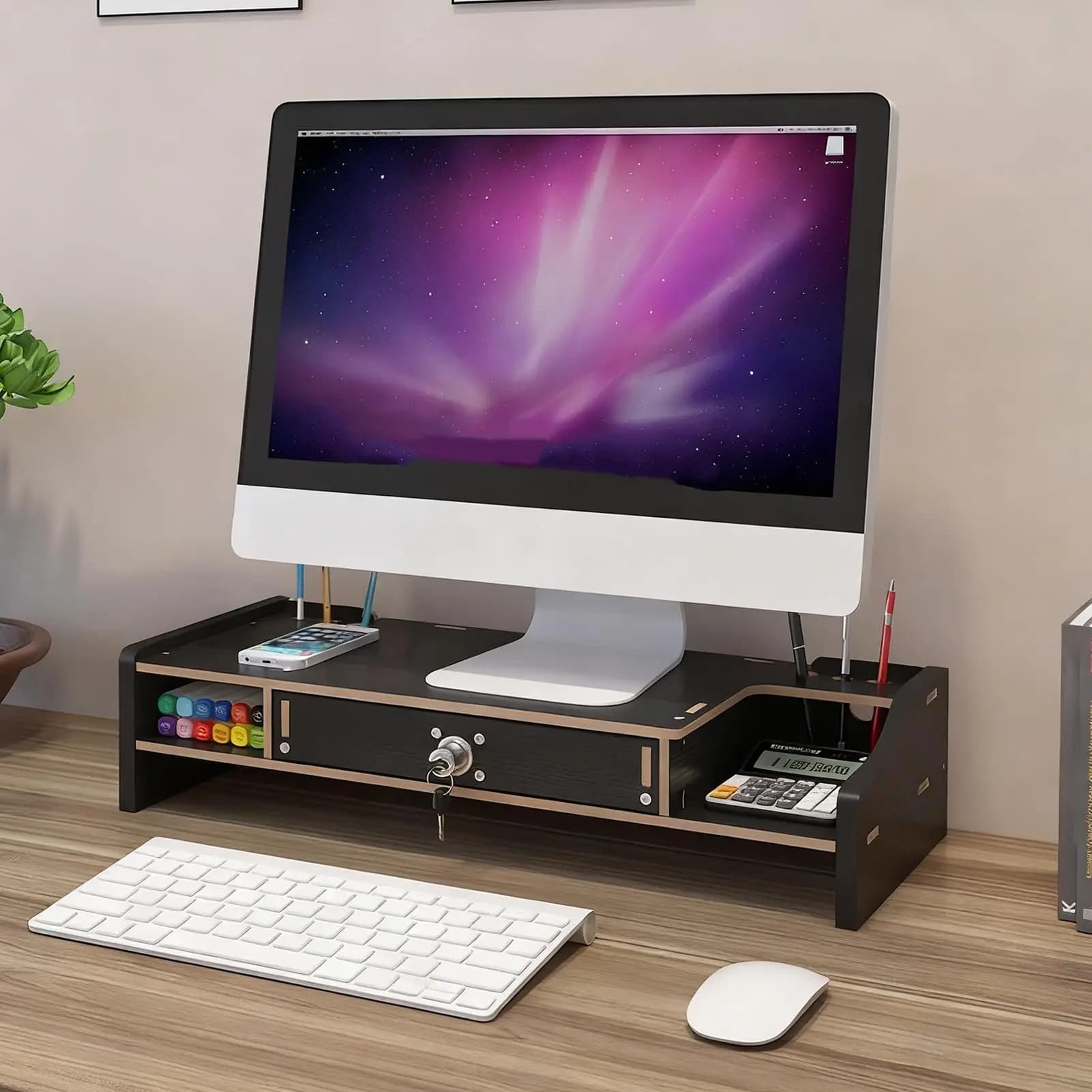 Supporto per monitor per scrivania Scaffale per organizer da tavolo in legno con cassetto Rialzo per monitor per computer in legno per stampante portatile Schermo TV per PC
