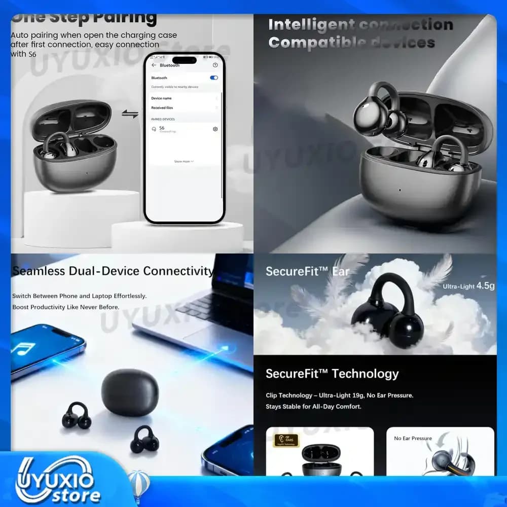 Auricolari Wireless UYUXIO BT 5.4 con Clip, Cuffie Open-Ear, 72 Ore di Riproduzione, Lunga Durata della Batteria, Auricolari OWS per Allenamenti e Sport