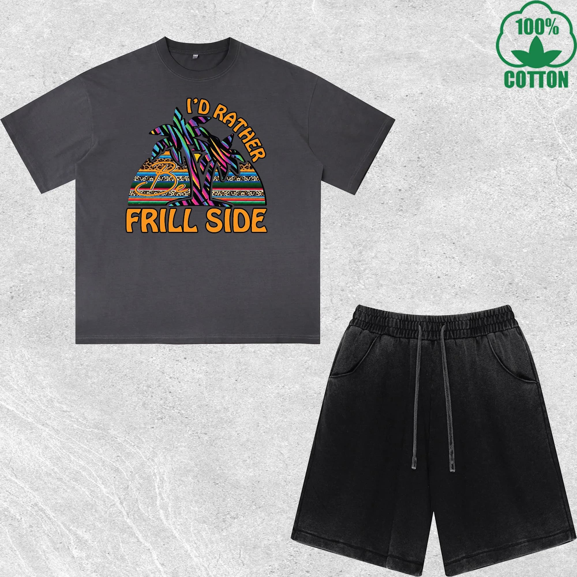 Set T-Shirt e Pantaloncini con Stampa Laterale 'I D Rather Be' in Stile Dirty Wash, Multicolore, Combinazione Trendy e Alla Moda, 100% Cotone