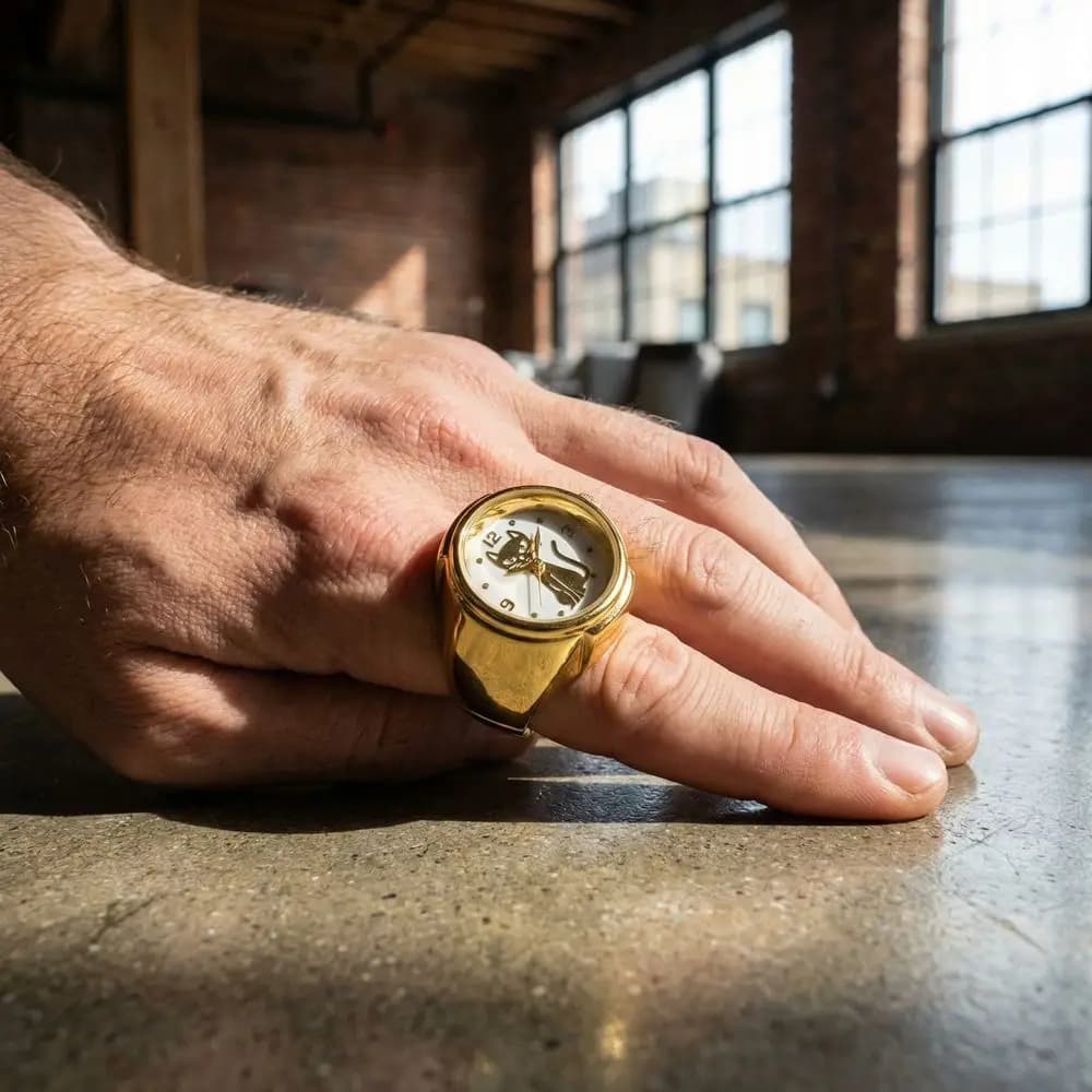 Punk Creative Finger Ring Watch Gold Silver Quartz Watch Alloy Round Cat Dial Clock Men