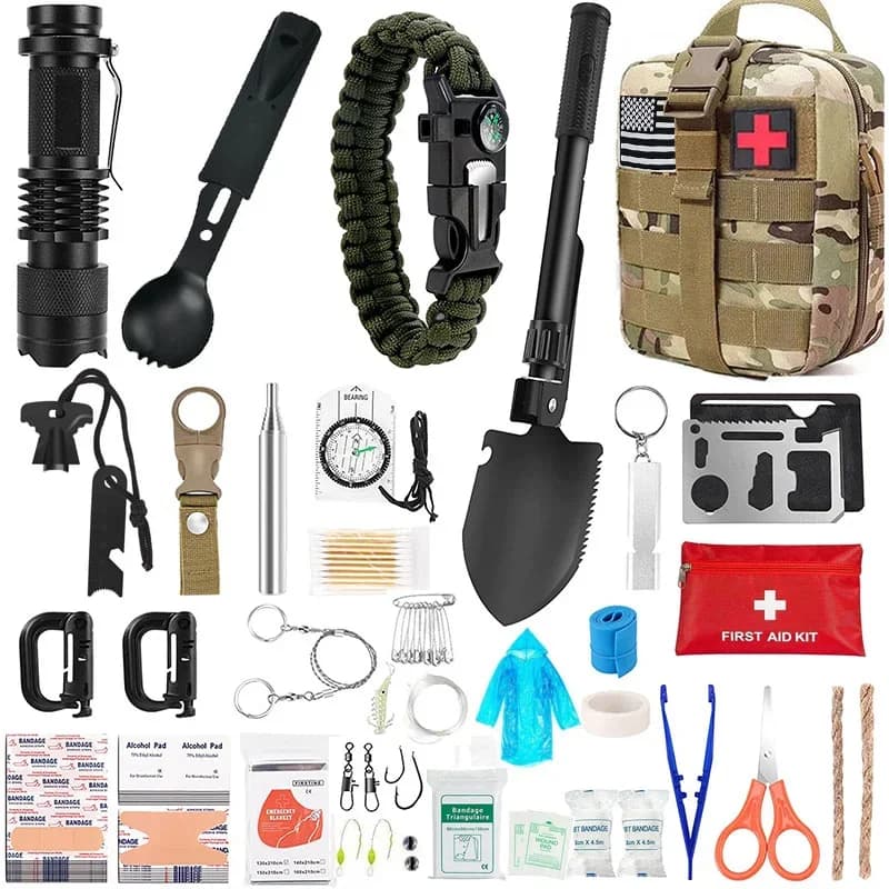 Forniture da esterno Attrezzatura di emergenza da campeggio Set di strumenti di sopravvivenza da campeggio Forniture multifunzionali per autodifesa Kit di pronto soccorso