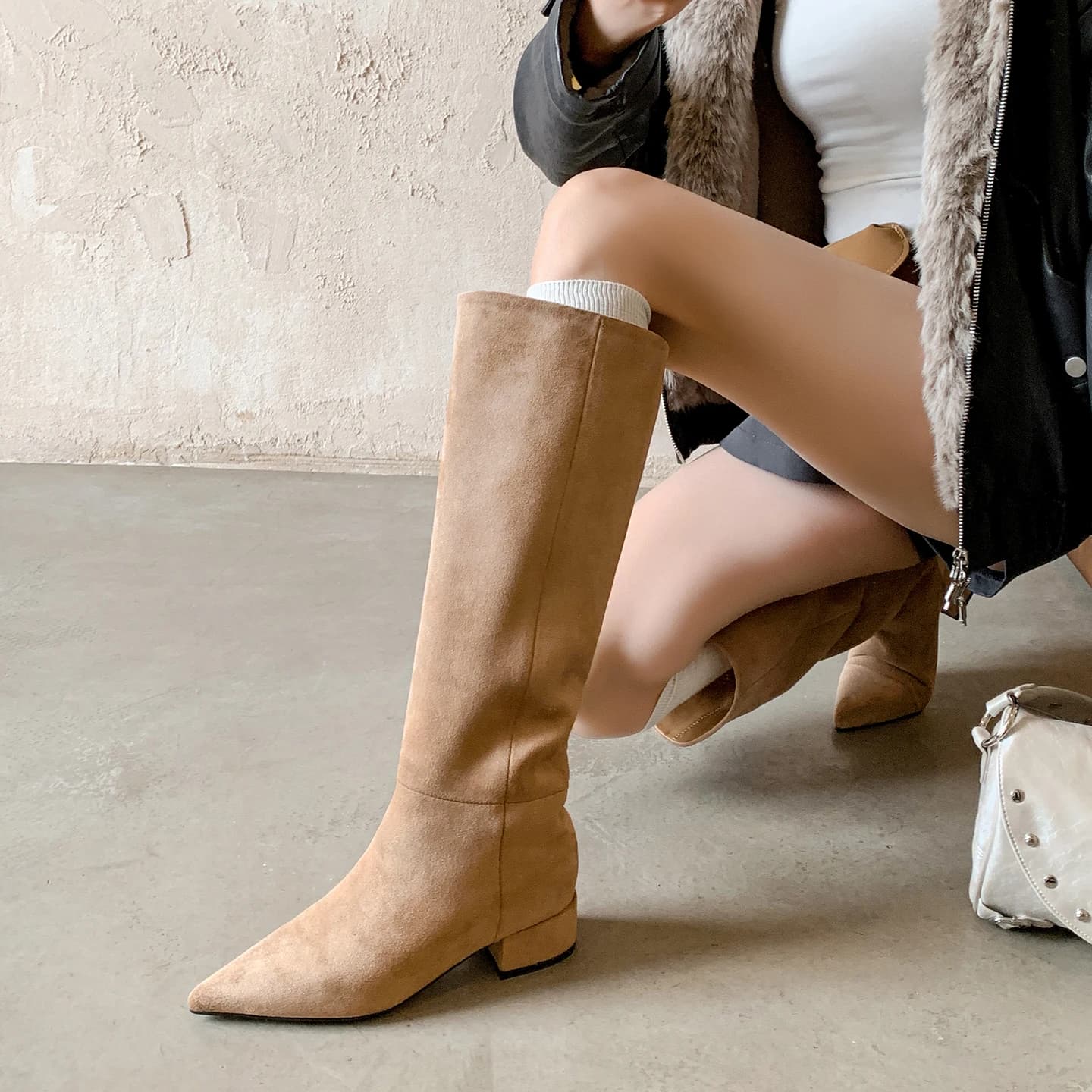 Genuine Leather Women's Shoes Sheepskin Suede Fashion Knee High Boots 4cm Low High Heels Pointed Toe Dress Work Long Boots
