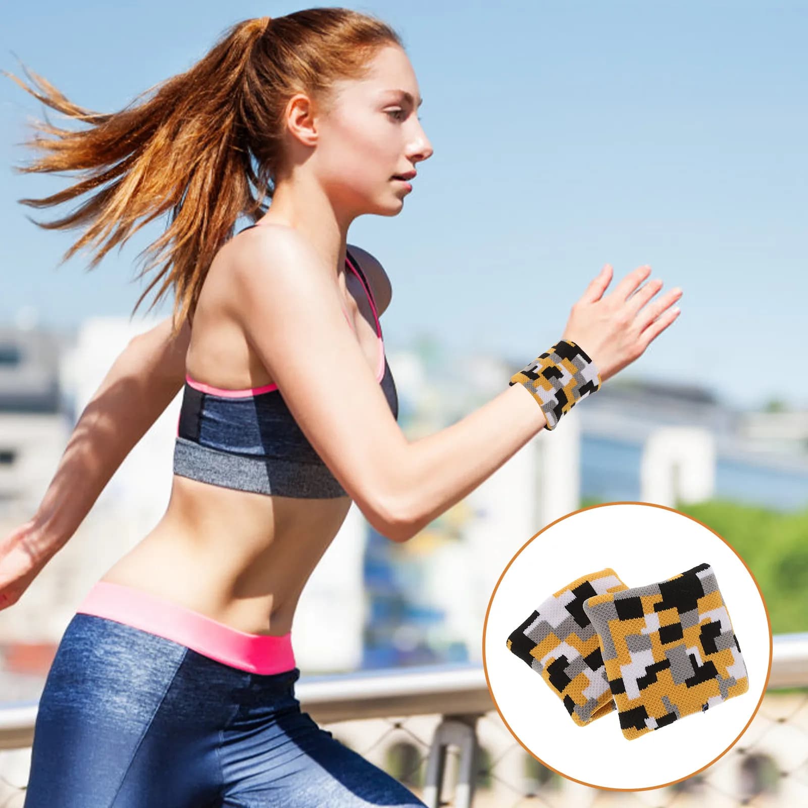 1 paio di supporti da polso sportivi mimetici, traspiranti, che assorbono il sudore, protezione elastica per il polso, supporto elastico per basket, corsa, fitness