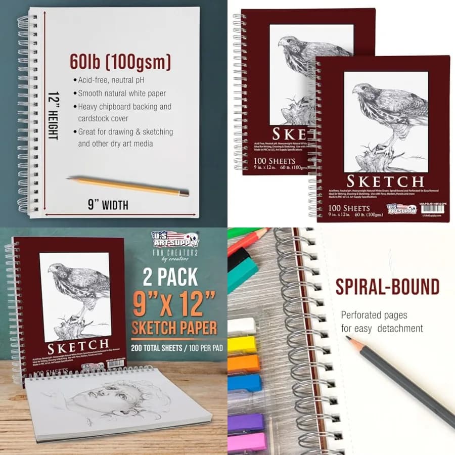 9x12 Sketch Book Pad, 2 Pack 100 Sheets Each,60lb (100gsm) Spiral Bound - Sketching, Drawing Pad, Acid-Free Paper - Sketch Pads