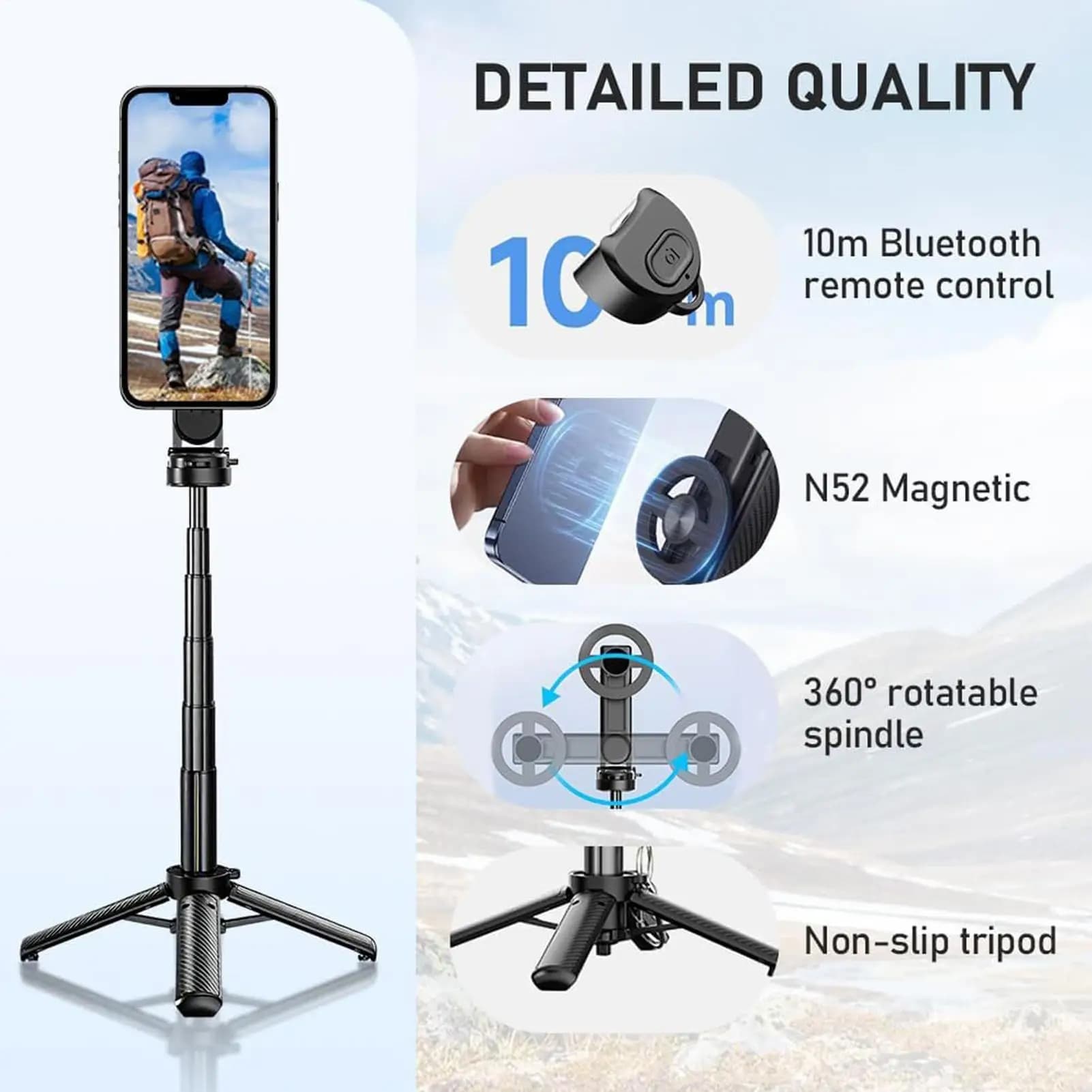 Bastone selfie magnetico per telefono Supporto a quattro gambe Bastone selfie magnetico portatile rotante per immagini video di registrazione in viaggio