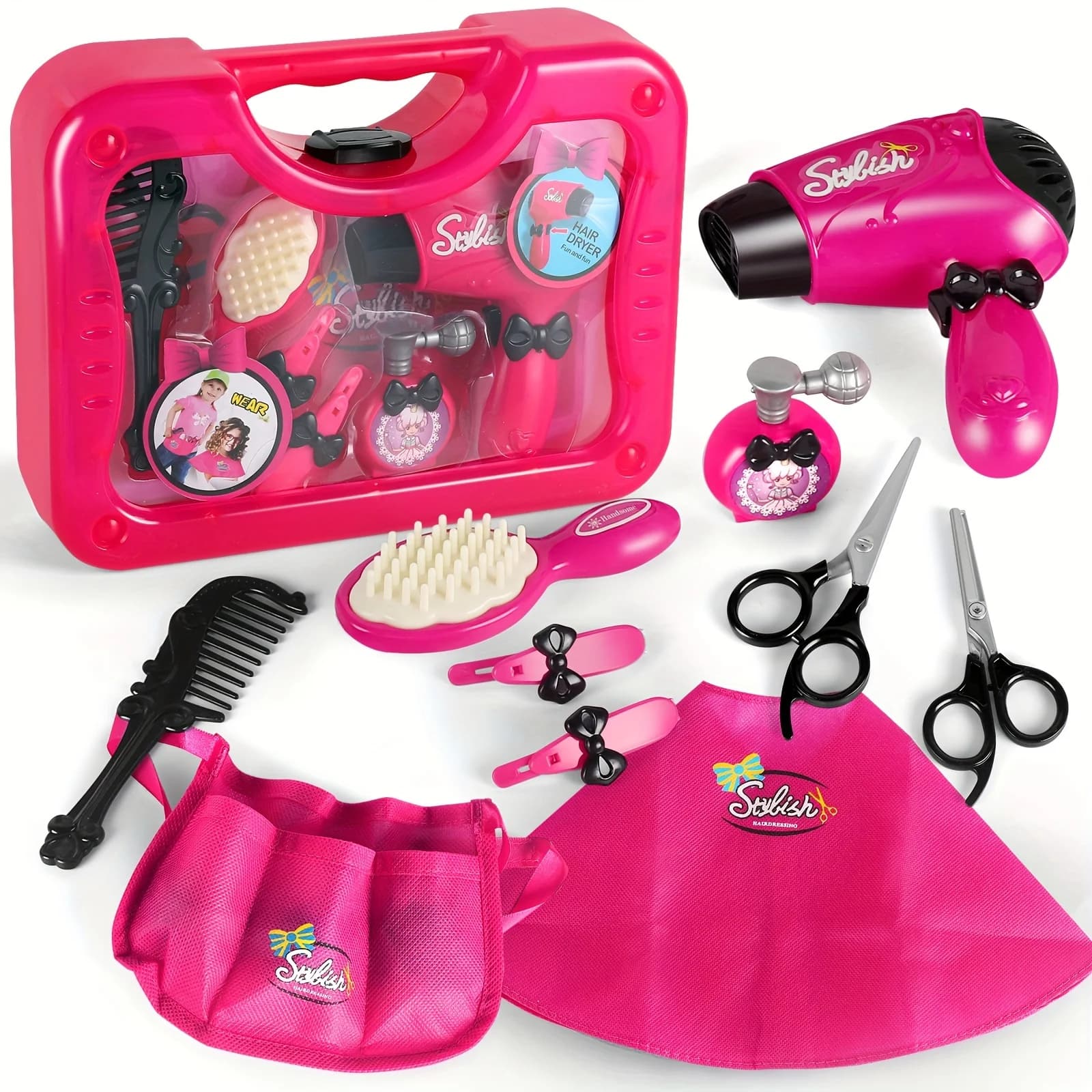 Pretend to play with girls Beauty salon toys set with hairdryer, barber apron and accessories for Styling-Perfect for a fanciful game gift