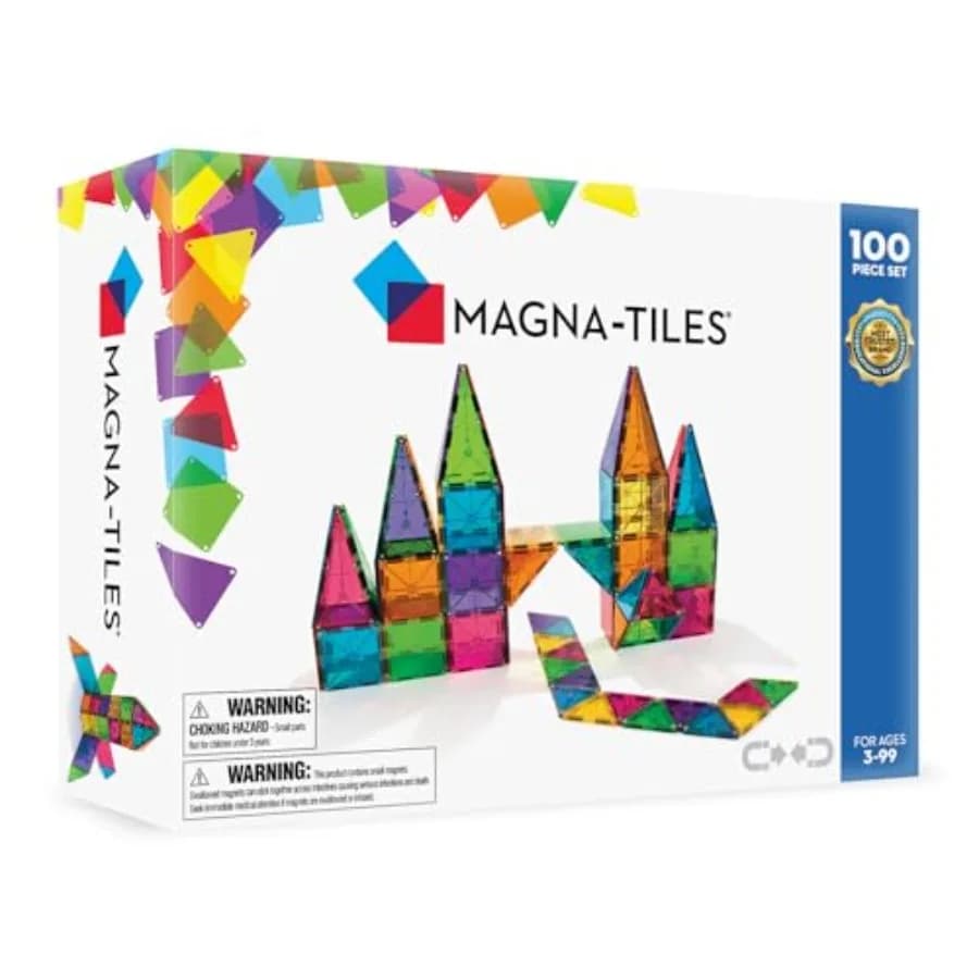 MAGNA-TILES Set di Costruzioni Magnetiche Classico da 100 Pezzi per Connessioni Magnetiche Forti in Plastica Trasparente Blu e Colorata E