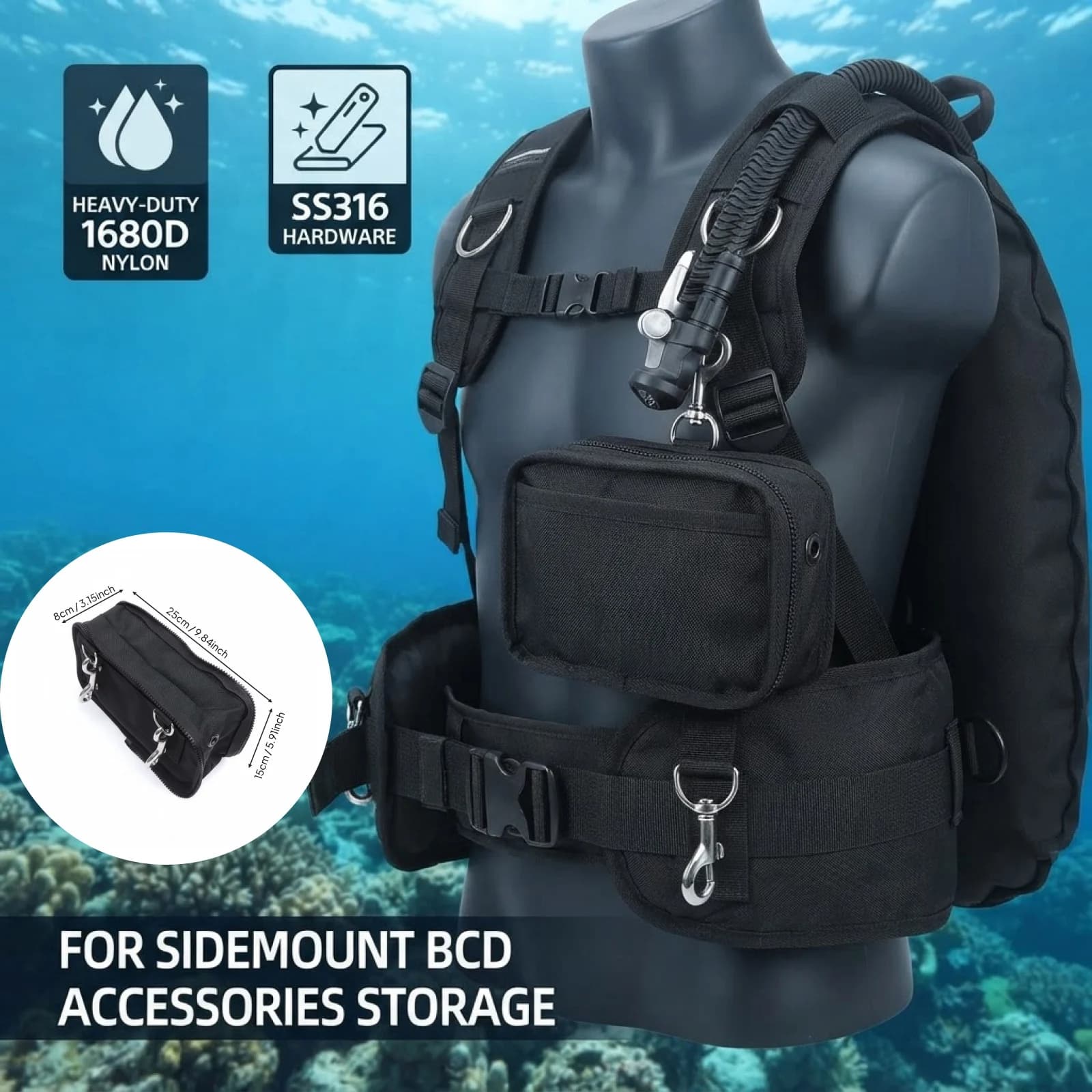 Side-Mount BCD Pouch 1680D Nylon Scuba Side Mount Pouch SS316 Hooks Dive BCD Storage Bag for Scuba Diving Snorkeling