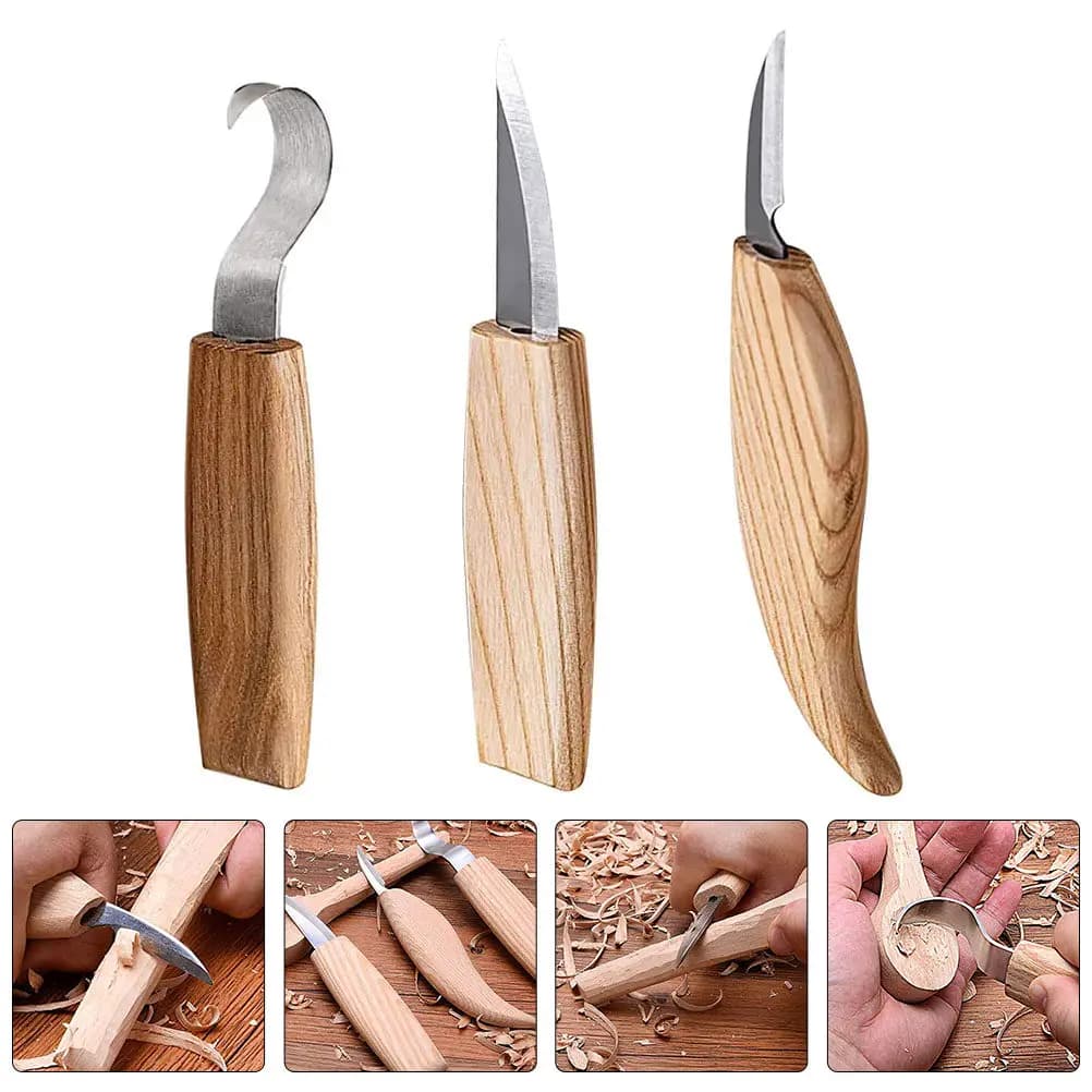 Set di 3 Coltelli per Intaglio del Legno con Manico in Legno, Kit di Utensili Affilati per Incisione per Principianti e Falegnami, Set di Taglio in Acciaio per Intaglio a Mano