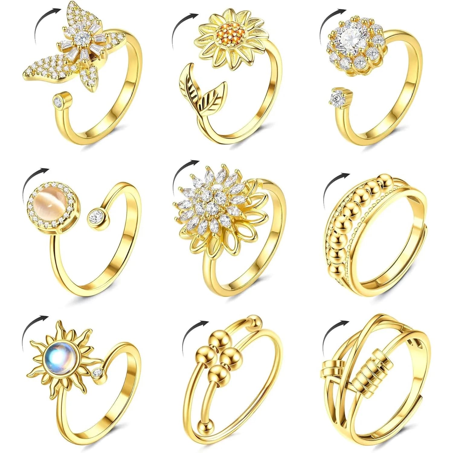 ORAZIO 14K Gold Plated Fidget Ring for Women Adjustable Anxiety Rings Open CZ Butterfly Sunflower Bead Spinner Rings