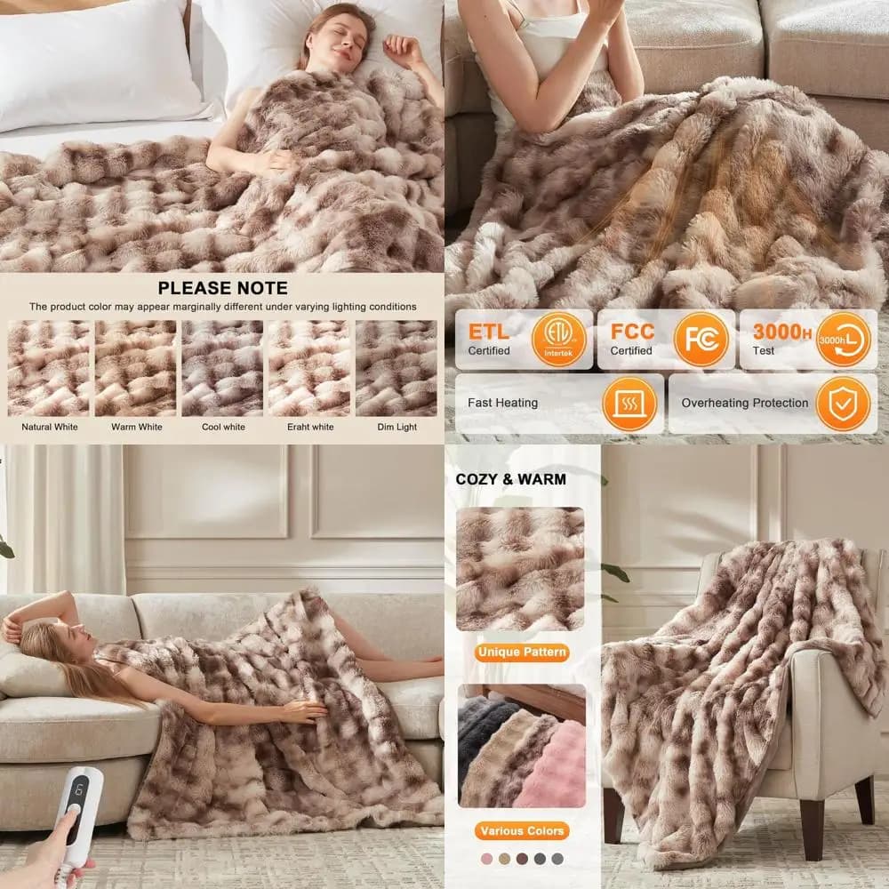 Coperta elettrica doppia in pelliccia sintetica a bolle di peluche con 6 impostazioni di calore e spegnimento automatico di 10 ore, 62x84, fantasia tortora